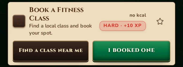 Real FitQuest quest card: Book a Fitness Class, with Find a class near me and I booked one buttons