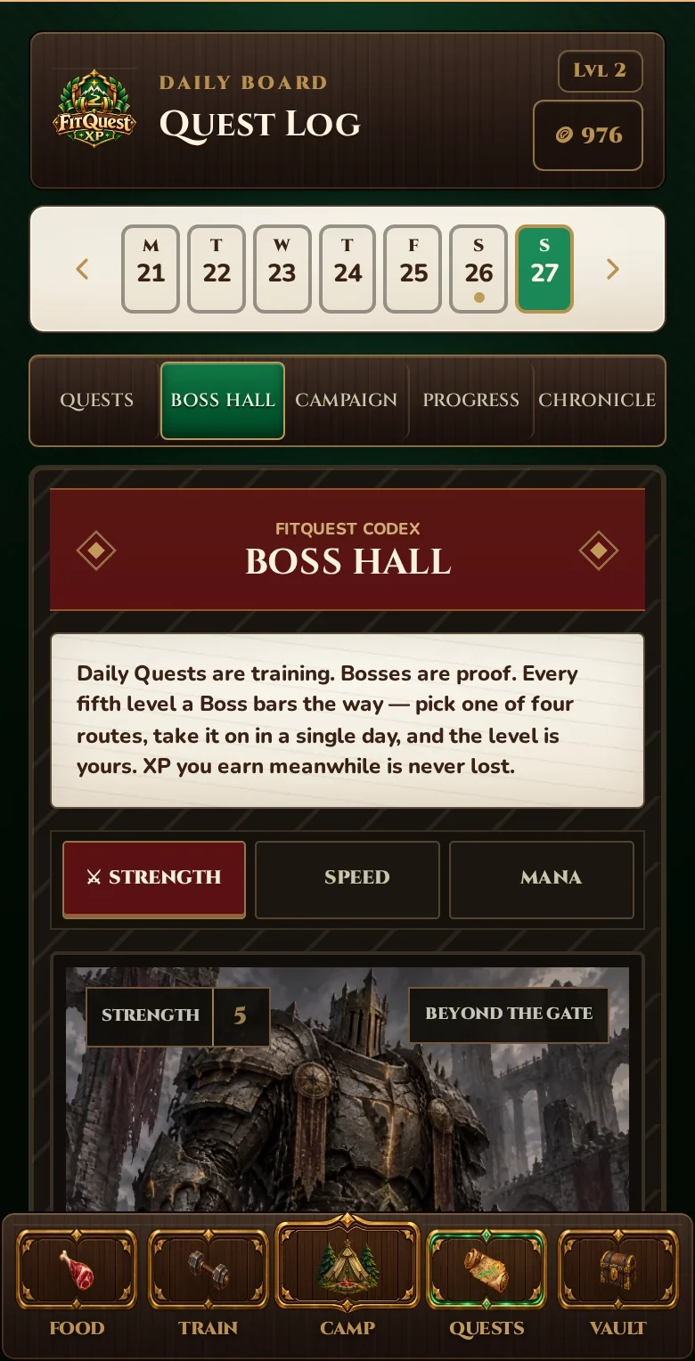 The genuine FitQuest Boss Hall showing its rules, discipline gates and Boss roster