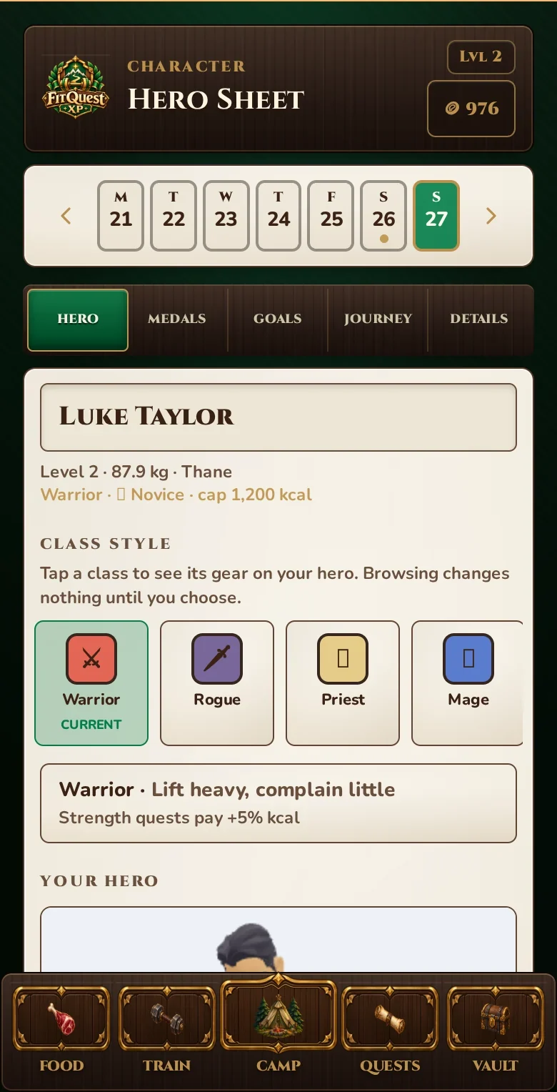 The genuine FitQuest Class Style screen with class choices, perk copy and hero preview