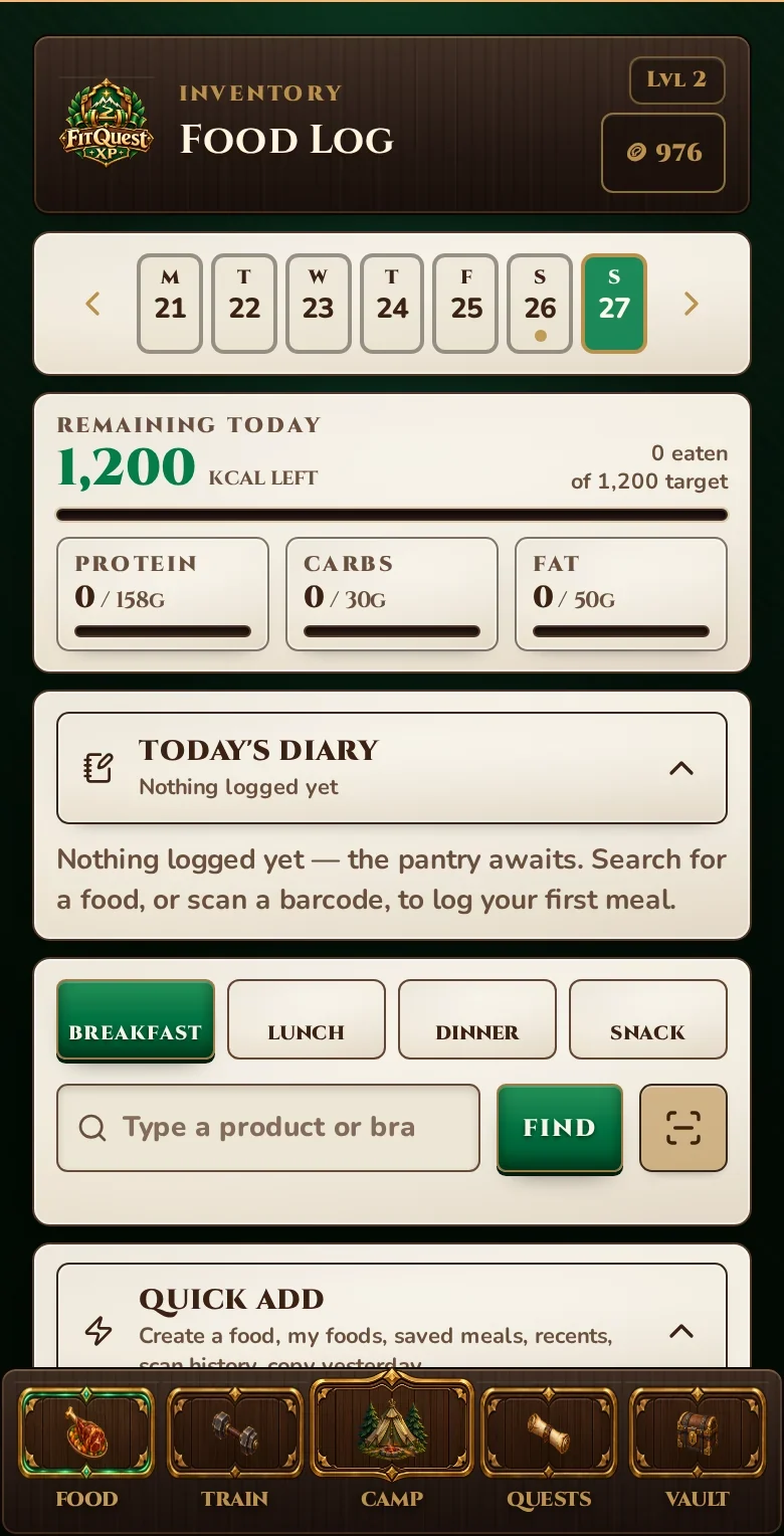 The genuine FitQuest Food Log with calorie target, macros, meal tabs, food search and quick add