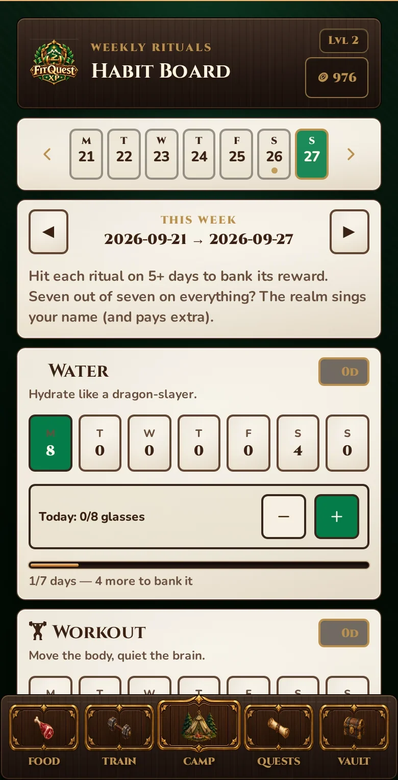 The genuine FitQuest Habit Board showing weekly habits and progress