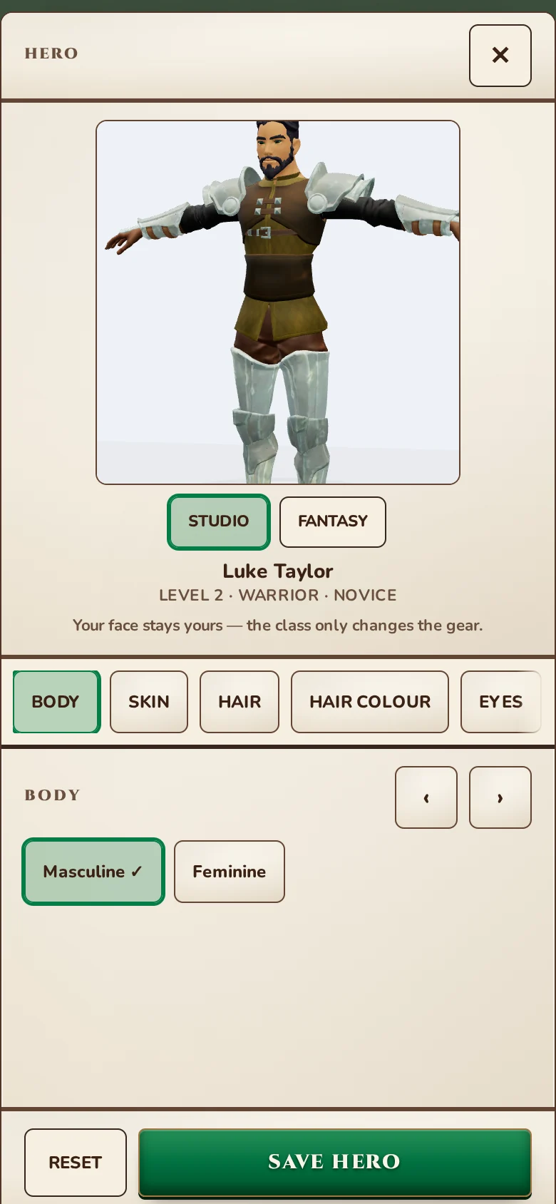 The genuine FitQuest Hero editor with the character model and appearance controls