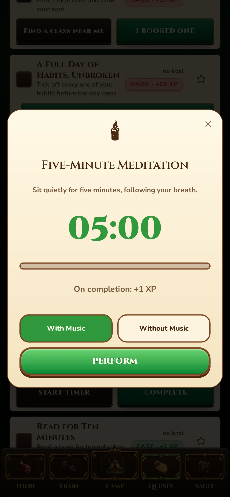 The genuine Five-Minute Meditation Perform dialog with music choice and timer