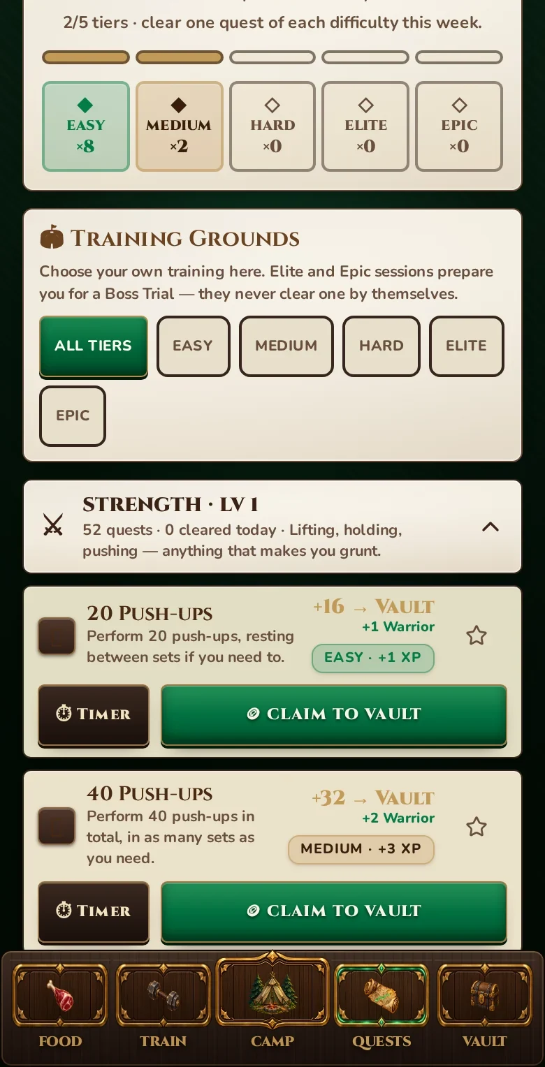 The genuine FitQuest Quest Log showing Weekly Ascent, Training Grounds and quest cards