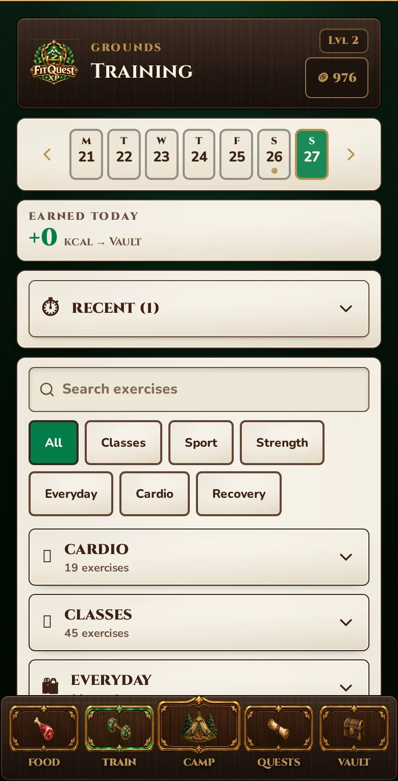 The genuine FitQuest Training screen with activity search and categories