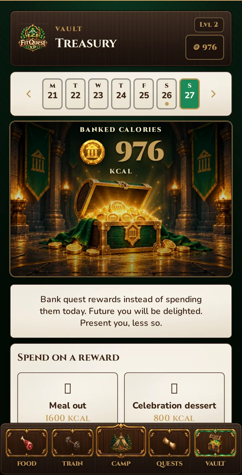 The genuine FitQuest Treasury showing banked calories and spending controls