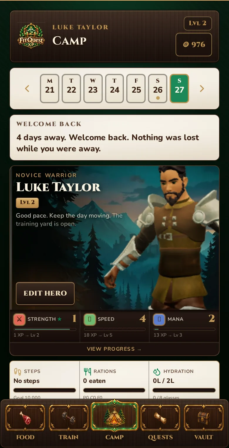The genuine FitQuest Camp screen welcoming a returning player back