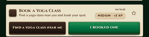 Real FitQuest quest card: Book a Yoga Class, with Find a yoga class near me and I booked one buttons